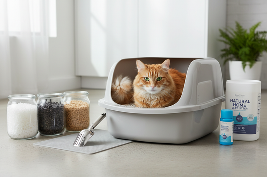 Cat using clean litter box showing different litter types benefits and best choices for cats