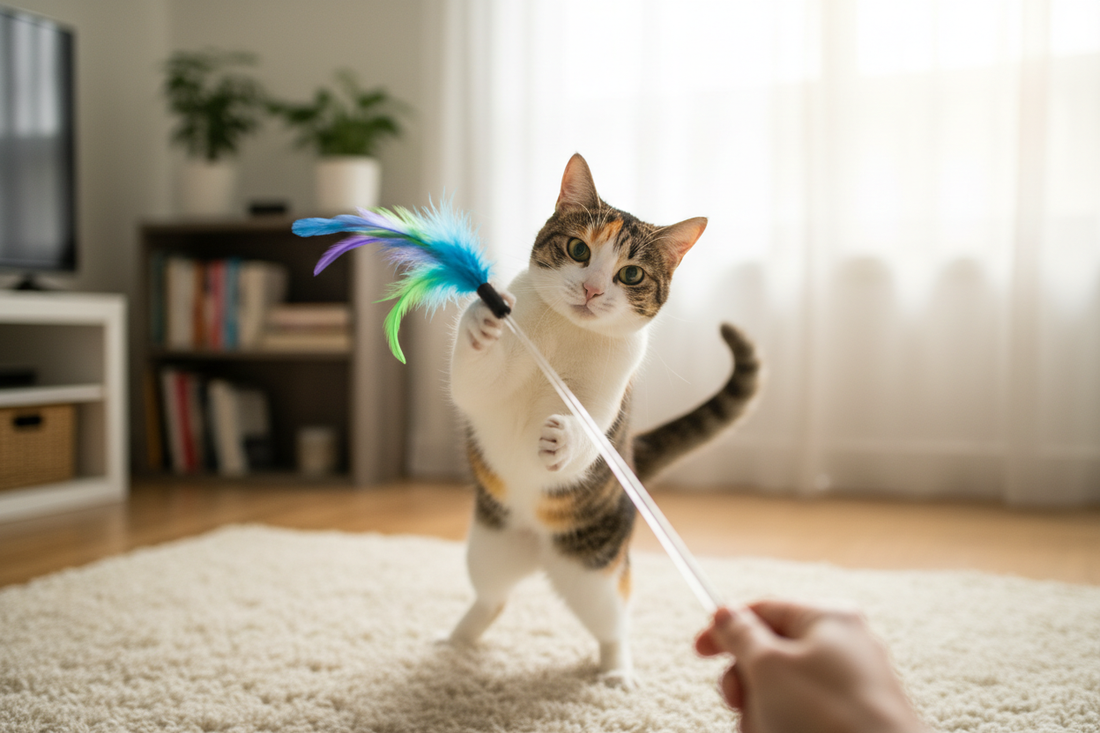 Playful cat batting interactive toy wand showing mental stimulation and exercise through play