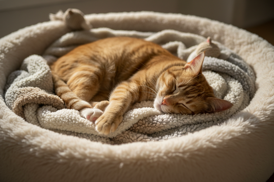 Peaceful cat sleeping comfortably in cozy bed showing perfect rest environment and healthy sleep habits