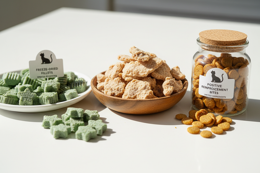 Variety of healthy cat treats including freeze-dried dental and training treats for rewards and nutrition