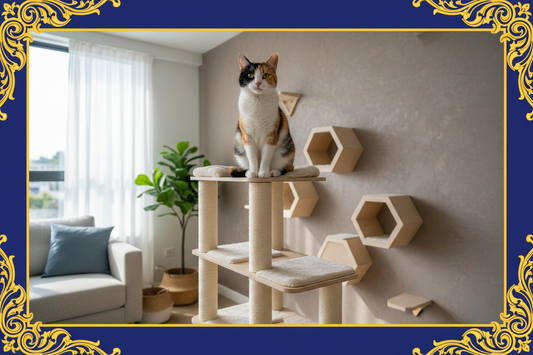 Indoor cat exploring vertical cat shelves and climbing spaces at Purrfect Pet Kingdom