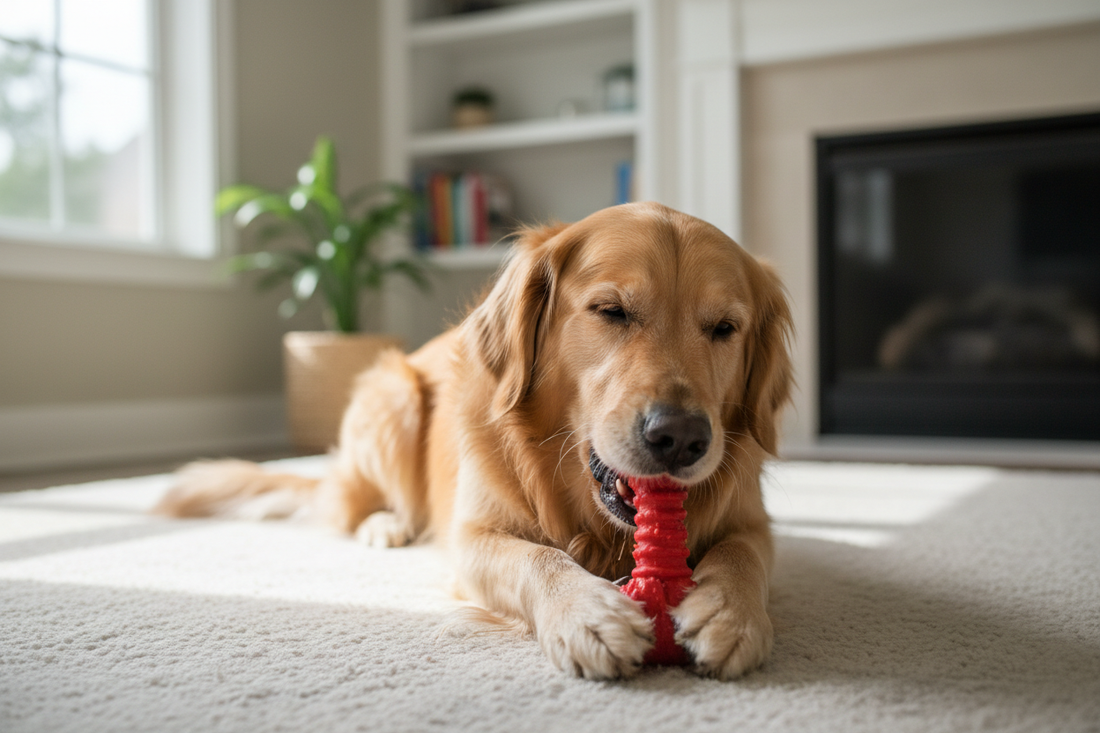 Happy dog chewing durable chew toy showing proper chewing behavior and destructive chewer solutions