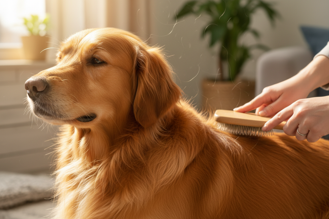 Dog with healthy shiny coat being brushed showing skin and coat health through proper grooming and nutrition
