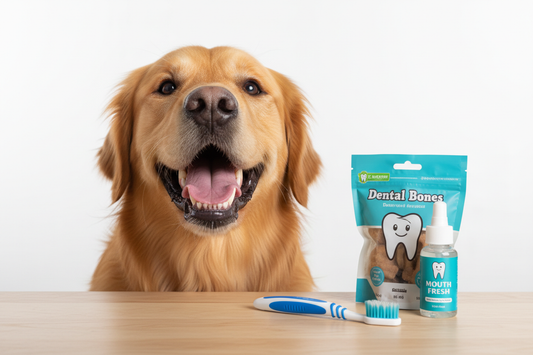 Happy dog showing clean healthy white teeth with dental care products toothbrush and treats for prevention