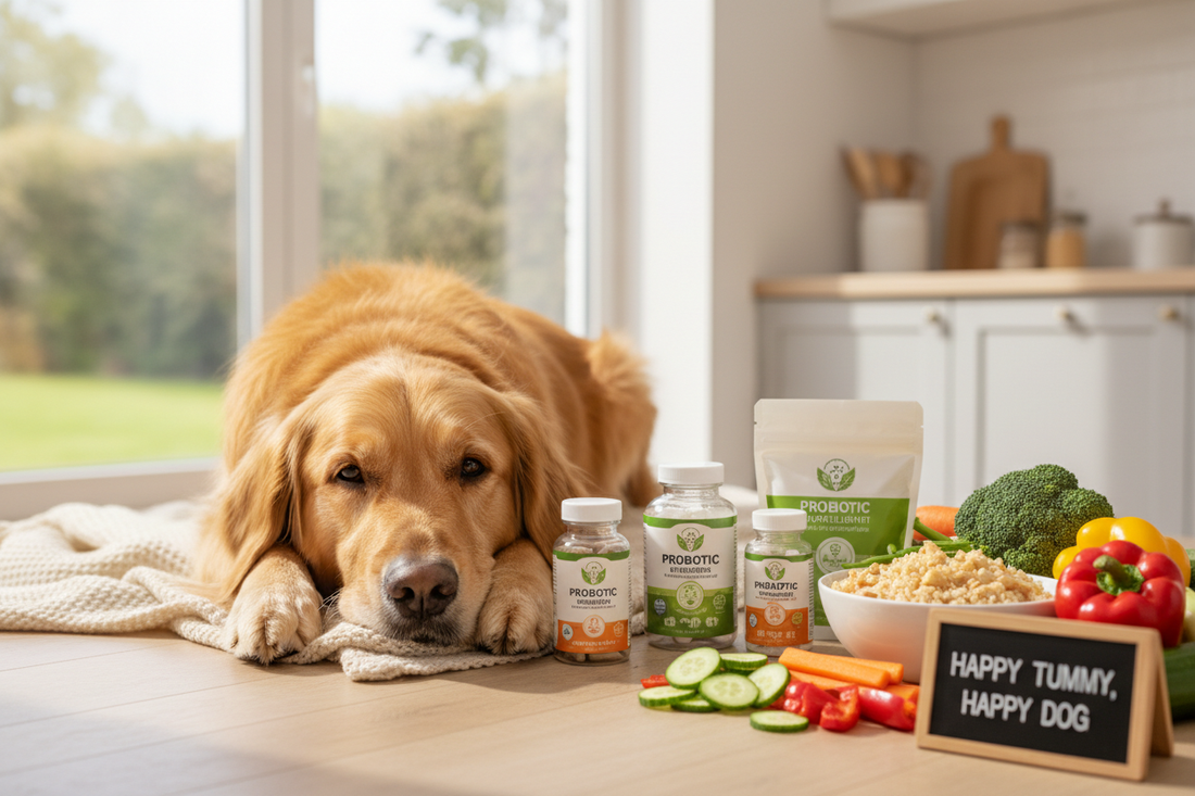 Healthy dog with digestive supplements and probiotics showing foods that help digestive health
