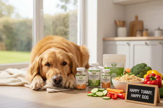 Healthy dog with digestive supplements and probiotics showing foods that help digestive health