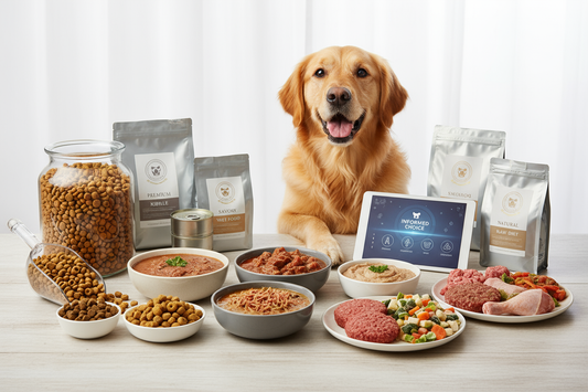 Complete Guide To Choosing The Right Dog Food For Your Pet featuring dry, wet, and raw food options for pets