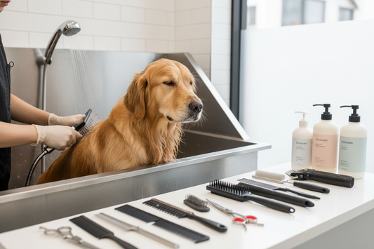 Dog being bathed and brushed showing grooming essentials including brushing bathing and coat care