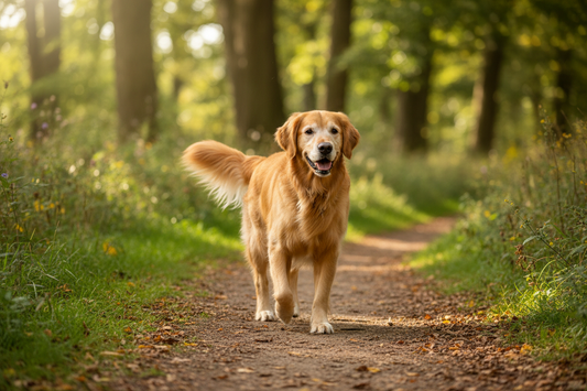 Jenior dog walking comfortably outdoors showing healthy joints and mobility through prevention and treatment