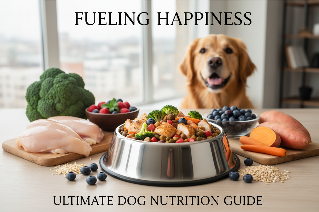 Dog Food and Nutrition Guide with fresh ingredients and a happy dog in a well-lit kitchen