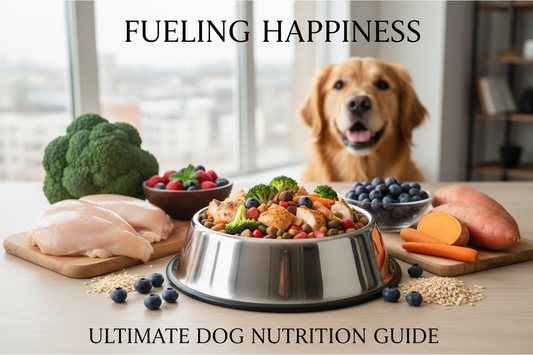 Dog Food and Nutrition Guide with fresh ingredients and a happy dog in a well-lit kitchen