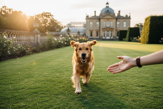 Joyful dog sprinting across a lush estate garden in response to recall command at Purrfect Pet Kingdom