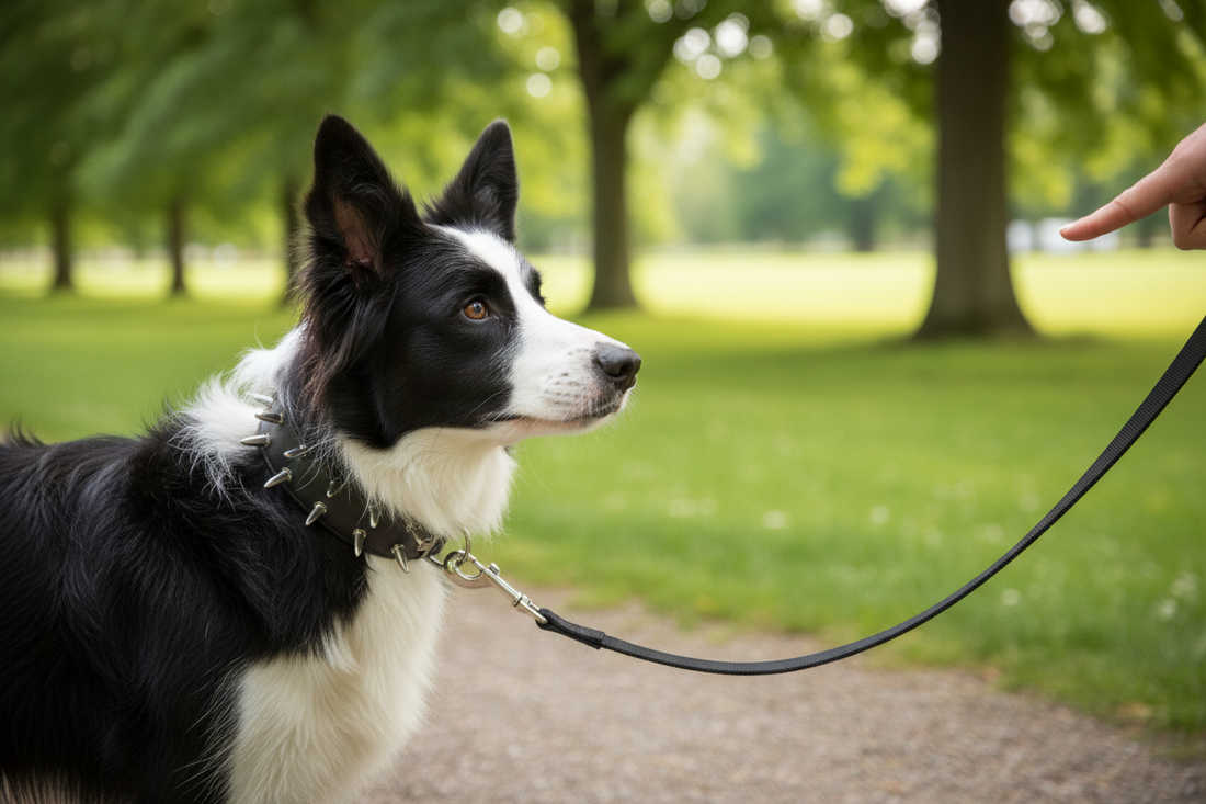 Dog wearing training collar on leash during outdoor training showing proper collar types and uses