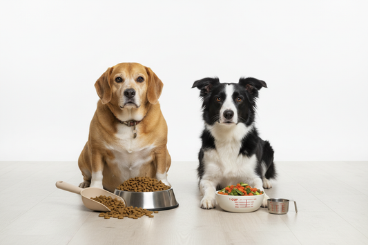 Dog weight comparison showing healthy feeding strategies for weight management and portion control