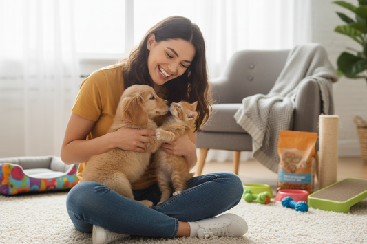 Happy first-time pet owner with new puppy and kitten showing essential tips for dogs and cats