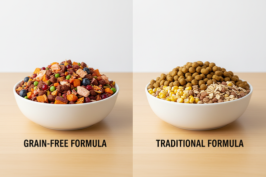 Grain-free and traditional dog food comparison showing what's best for your dog's nutrition