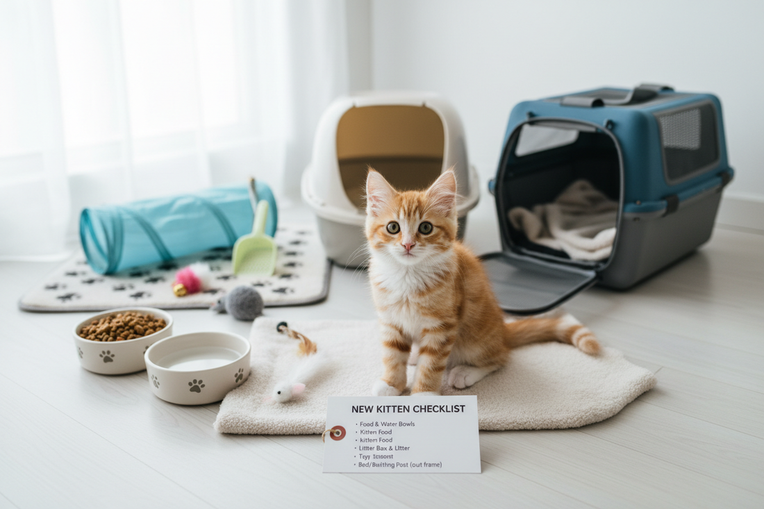 Adorable kitten with essential supplies including food bowl toys and carrier for new kitten checklist