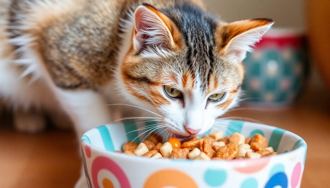A cat eating from a colorful bowl, highlighting The Importance of Nutrition in Pet Care