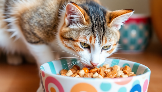 A cat eating from a colorful bowl, highlighting The Importance of Nutrition in Pet Care