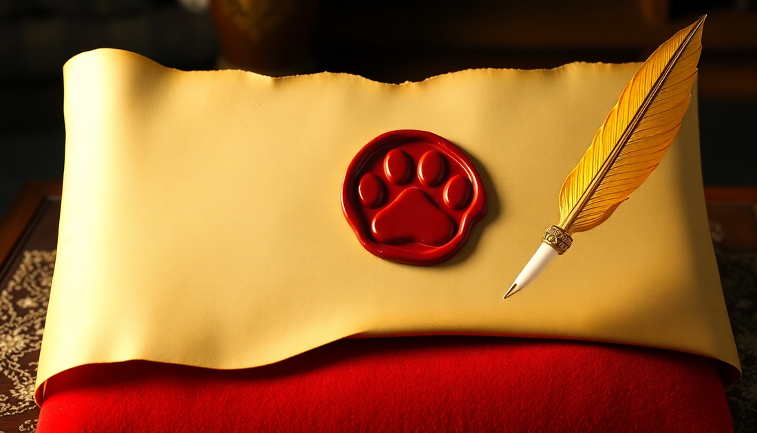 A parchment with a red paw print seal and a feather pen symbolizing how to take care of a new pet guide
