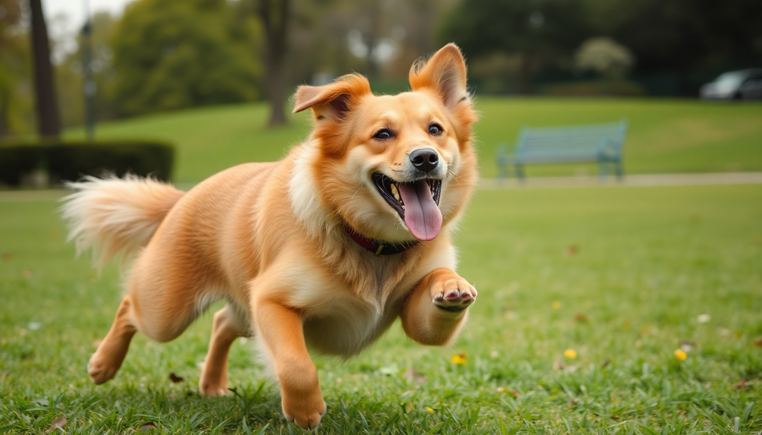 Happy dog running in the park, showcasing Paws and Motion in a playful outdoor scene