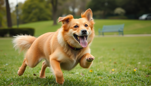 Happy dog running in the park, showcasing Paws and Motion in a playful outdoor scene