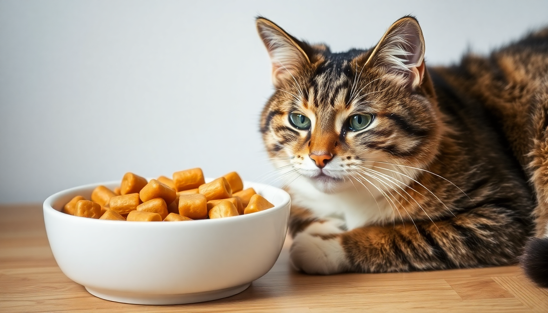 Cat Digestive Health 101: Cat resting beside a bowl of nutritious treats for better digestive health