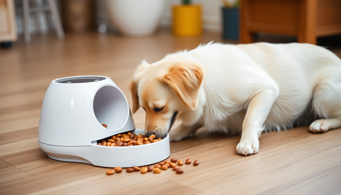 Smart pet feeder dispensing food to happy dog