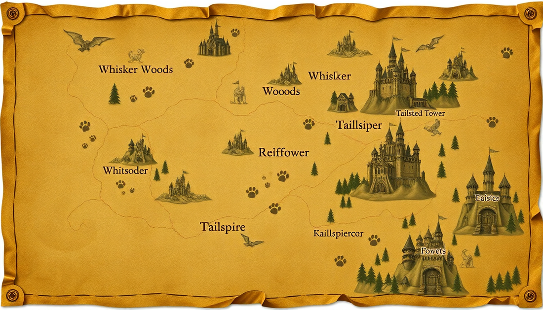 Vintage fantasy map featuring castles, forests, and mythical landmarks showcasing the best pet supplies for cats and dogs