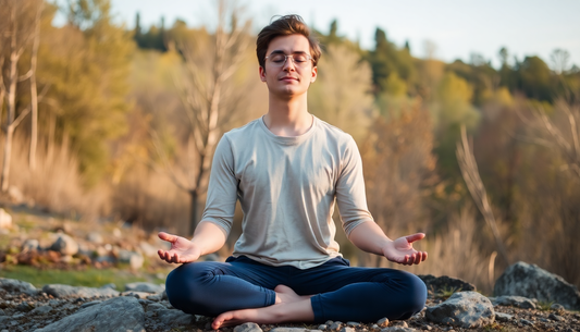 A young man meditating outdoors, embodying The Art of Mindful Living amidst nature's beauty