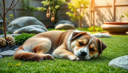 A peaceful dog lying on green grass in a tranquil garden setting to help calm the chaos