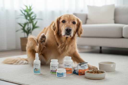 Dog with allergy symptoms and treatment products showing causes and treatment options for pet allergies