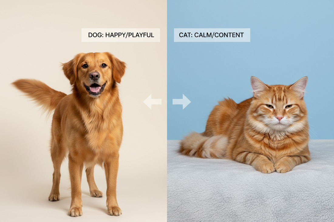 Understanding Pet Behavior with a happy playful dog and a calm content cat side by side