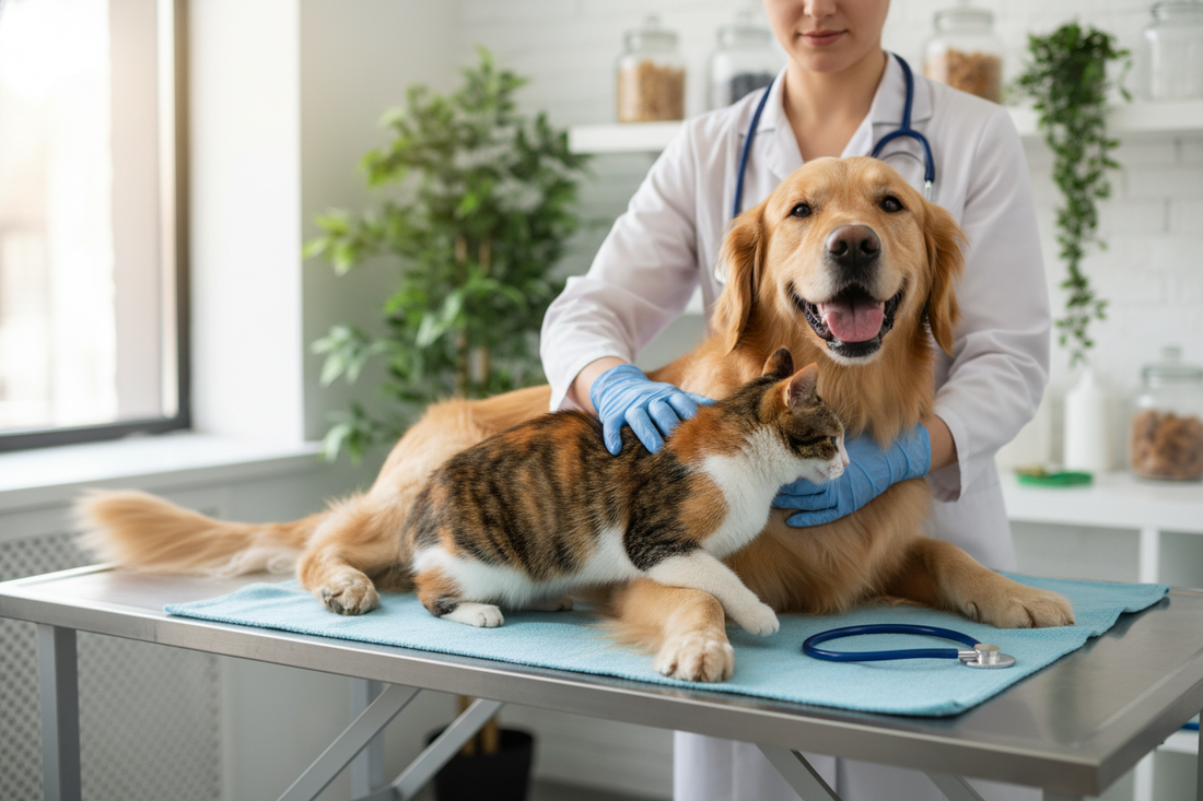 Complete Pet Health And Wellness Guide For Dogs And Cats with a veterinarian examining a dog and cat in a clinic
