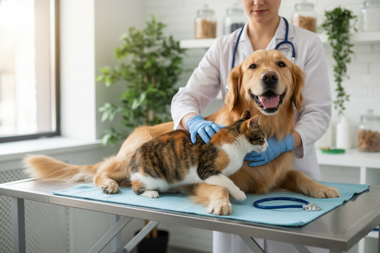 Complete Pet Health And Wellness Guide For Dogs And Cats with a veterinarian examining a dog and cat in a clinic
