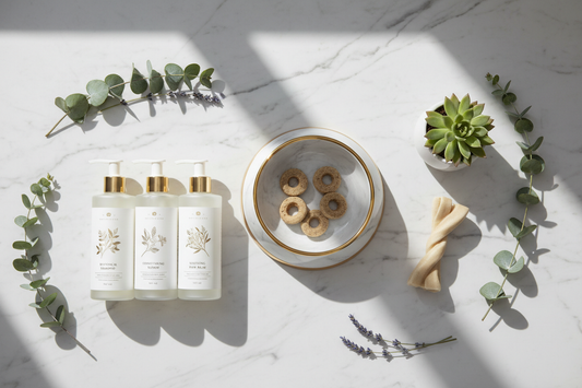 A premium flat-lay of wellness essentials — marble bowl, botanical grooming bottles, dental chew — on white marble. Ideal for "The Royal Guide to Preventive Pet Care."