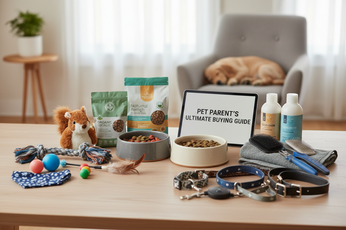 Complete Pet Product Buying Guide featuring food, toys, grooming supplies, and health products for pets.