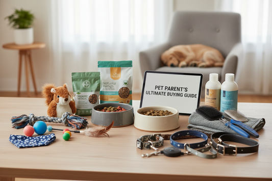Complete Pet Product Buying Guide featuring food, toys, grooming supplies, and health products for pets.