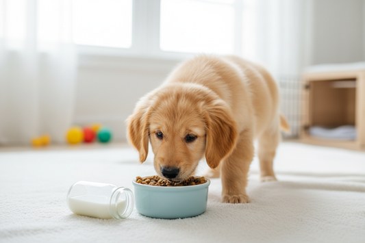 Cute puppy eating puppy food showing feeding guide from weaning to adult food nutrition