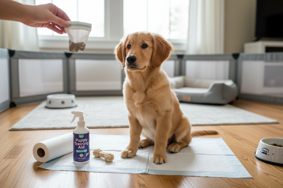 Puppy learning house training on training pad showing complete step-by-step potty training guide