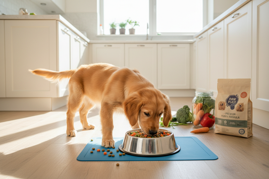 Growing puppy enjoying nutritious artisanal cuisine from the Grand Banquet at Purrfect Pet Kingdom