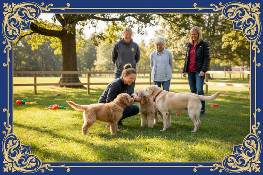 Young puppy socializing with people and other dogs during the critical development window at Purrfect Pet Kingdom