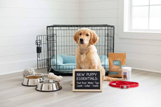 Cute puppy with essential supplies including food bowl toys crate and leash for new puppy checklist