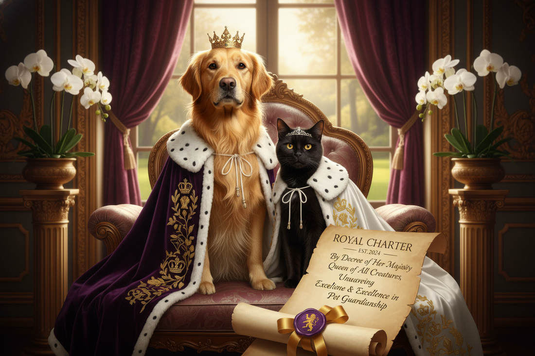 The Royal Charter features a regal dog and cat adorned in royal capes, symbolizing expert pet care and guidance