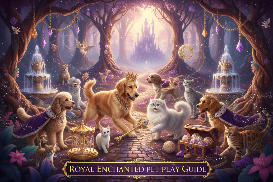 The Royal Guide to Enchanted Pet Play featuring dogs and cats in a magical forest setting