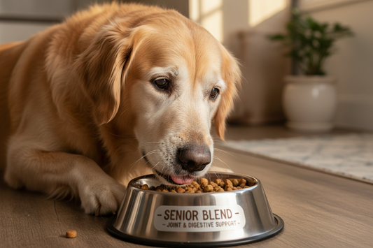 Senior dog with gray muzzle eating specialized food showing dietary needs for aging dogs
