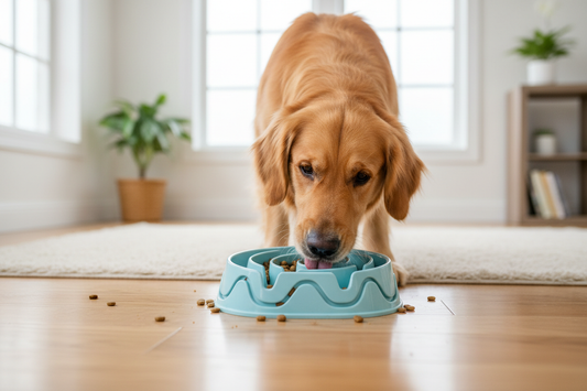 Dog eating from slow feeder bowl with puzzle design to stop fast eating and improve digestion