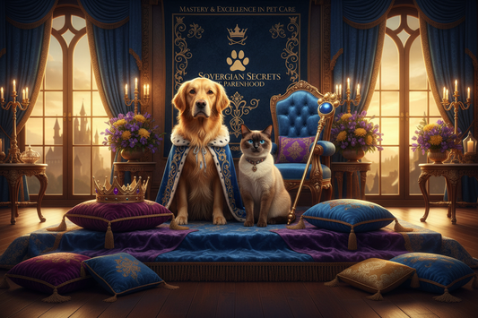 Wise Dog And Cat With Crown And Royal Scepter - Sovereign Secrets Pet Parenthood Guide - Purrfect Pet Kingdom
