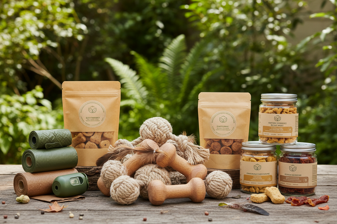 Eco-friendly sustainable pet products including natural toys and organic treats for green pet care