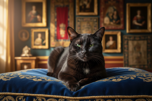 Understanding Your Cat's Behaviour — An elegant cat in a slow blink on a velvet cushion, warm jewel-tone interior. Museum-quality portrait feel.